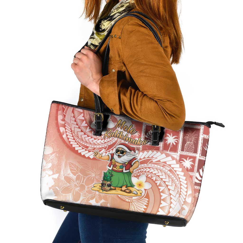 Hawaii Mele Kalikimaka Leather Tote Bag Hula Santa Retro Style Red LT05 Red - Polynesian Pride