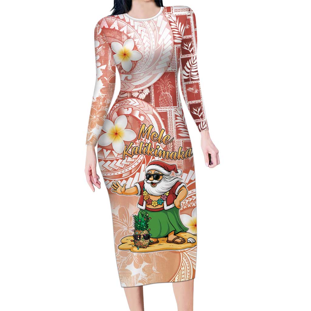 Hawaii Mele Kalikimaka Long Sleeve Bodycon Dress Hula Santa Retro Style Red LT05 Long Dress Red - Polynesian Pride