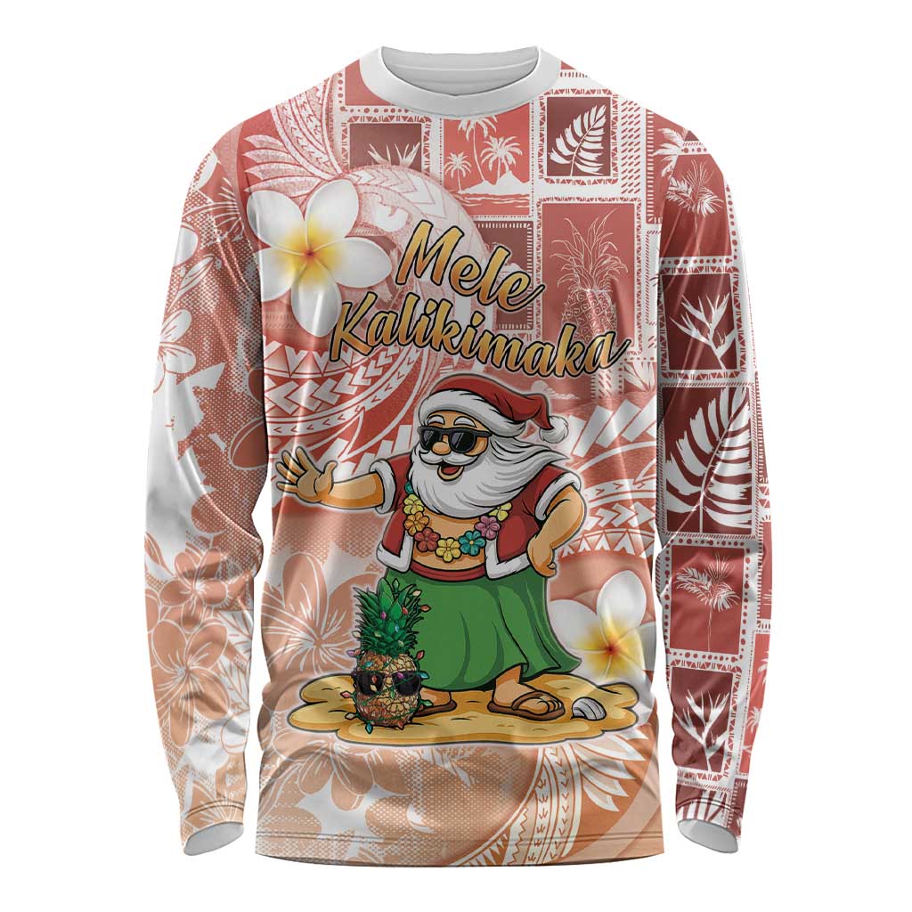 Hawaii Mele Kalikimaka Long Sleeve Shirt Hula Santa Retro Style Red LT05 Unisex Red - Polynesian Pride