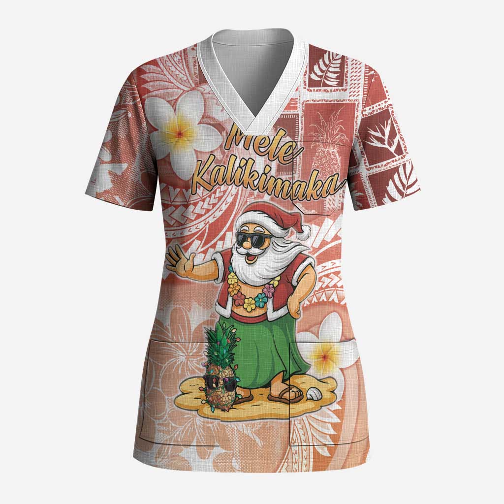 Hawaii Mele Kalikimaka Scrub Top Hula Santa Retro Style Red LT05 Adult Red - Polynesian Pride