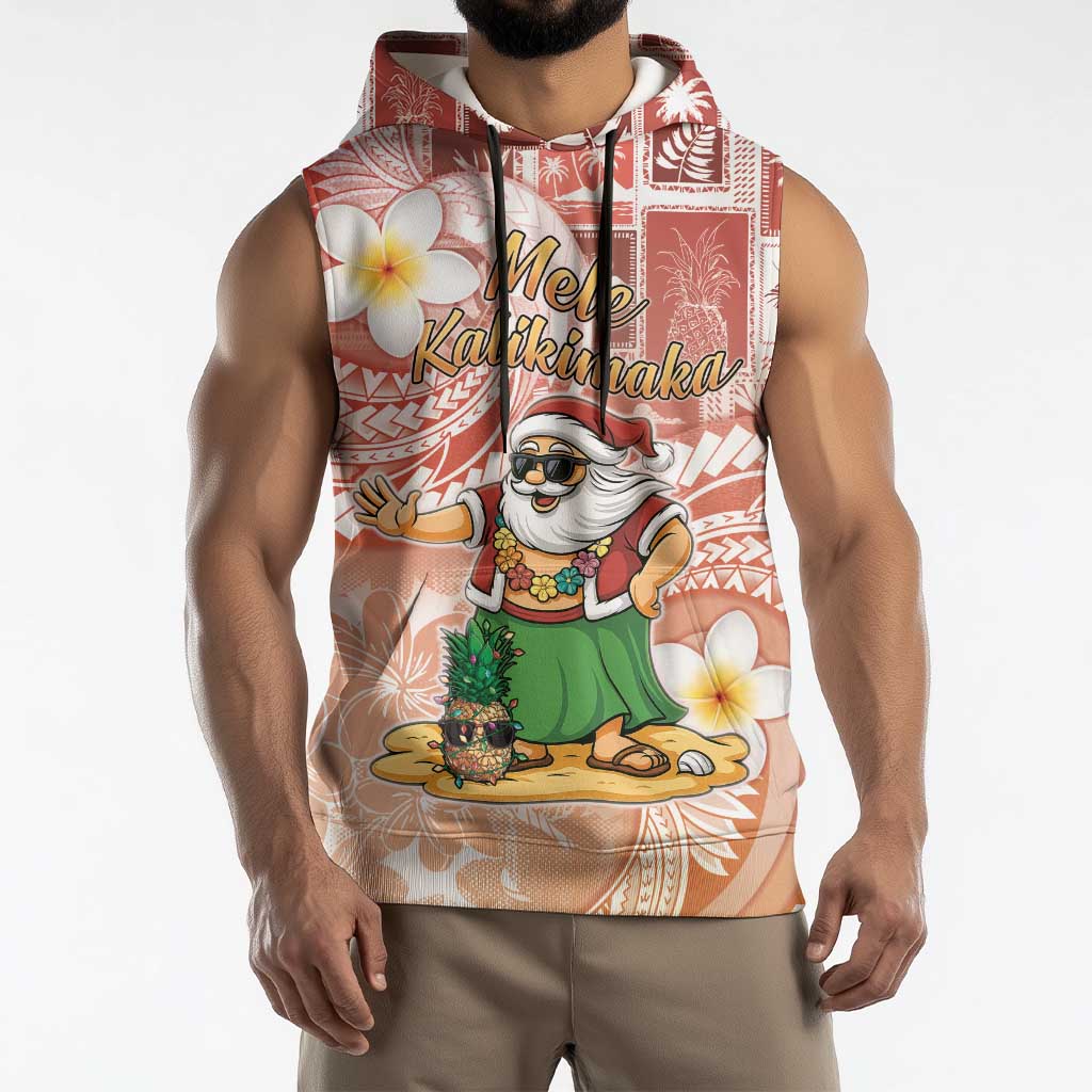 Hawaii Mele Kalikimaka Sleeveless Hoodie Hula Santa Retro Style Red LT05 - Polynesian Pride