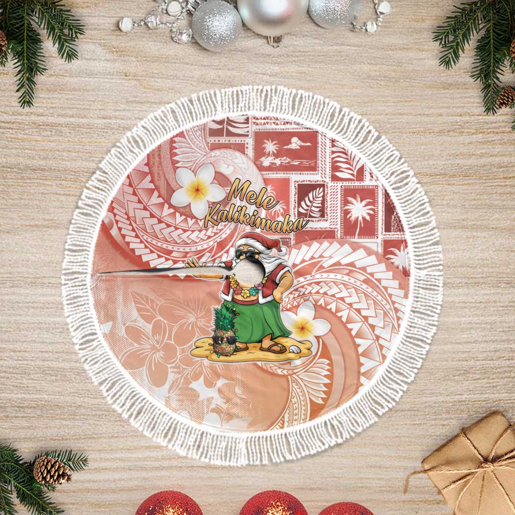 Hawaii Mele Kalikimaka Tree Skirt Hula Santa Retro Style Red LT05 Fringed Red - Polynesian Pride