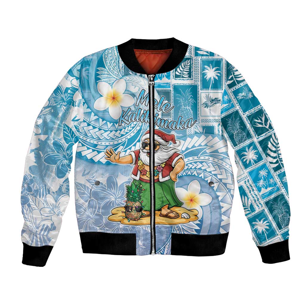 Hawaii Mele Kalikimaka Bomber Jacket Hula Santa Retro Style Blue LT05 Unisex Blue - Polynesian Pride