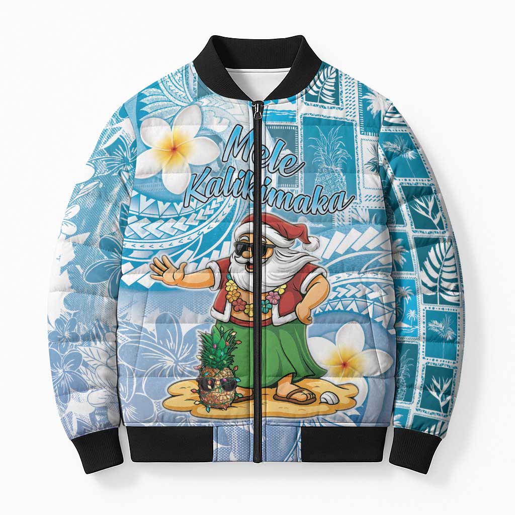 Hawaii Mele Kalikimaka Bomber Puffer Jacket Hula Santa Retro Style Blue LT05 Unisex Blue - Polynesian Pride