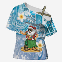 Hawaii Mele Kalikimaka Cross Shoulder Shirt Hula Santa Retro Style Blue LT05 Female Blue - Polynesian Pride