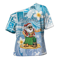 Hawaii Mele Kalikimaka Cross Shoulder Shirt Hula Santa Retro Style Blue LT05 - Polynesian Pride