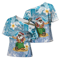 Hawaii Mele Kalikimaka Cross Shoulder Shirt Hula Santa Retro Style Blue LT05 - Polynesian Pride