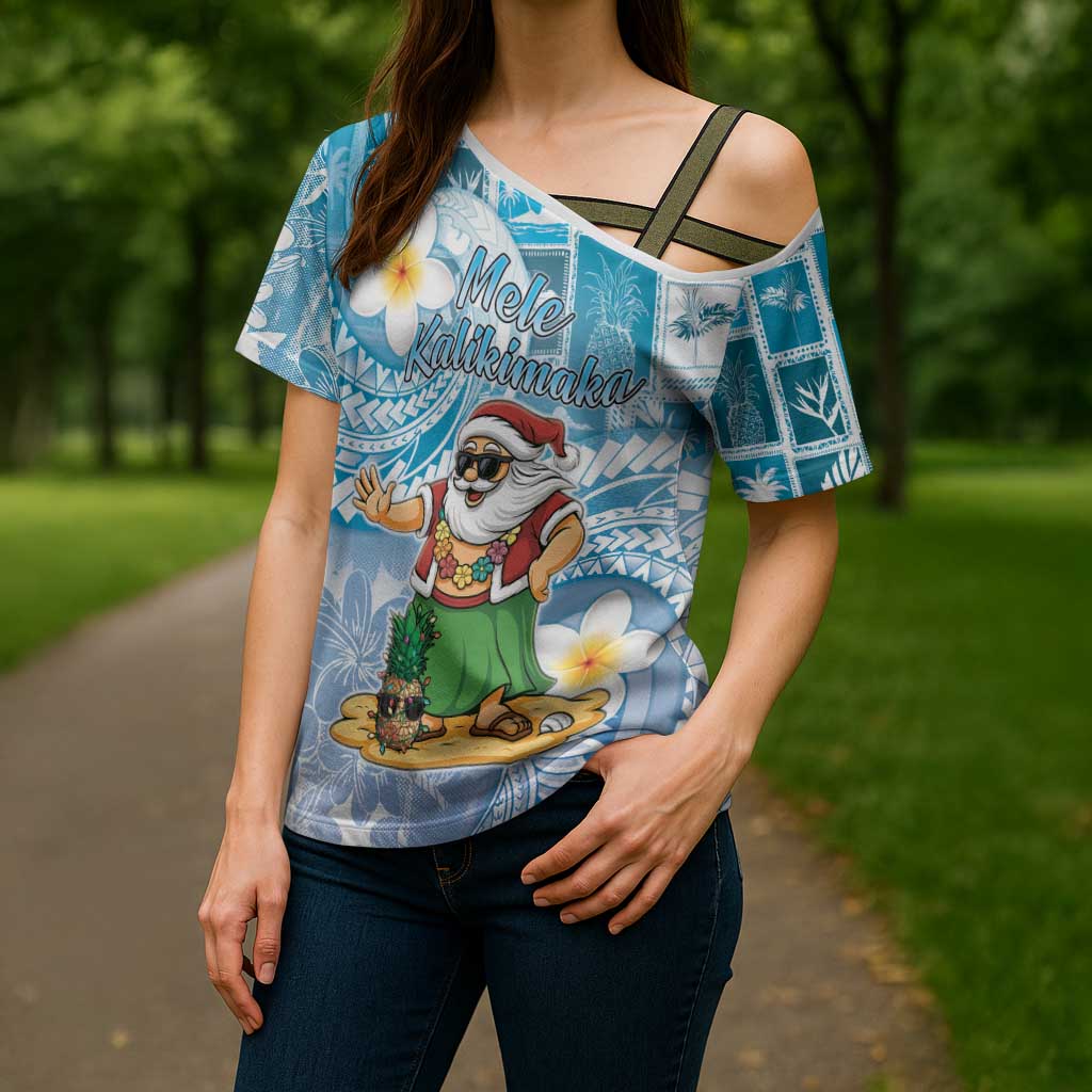 Hawaii Mele Kalikimaka Cross Shoulder Shirt Hula Santa Retro Style Blue LT05 - Polynesian Pride
