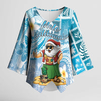 Hawaii Mele Kalikimaka Kimono Sleeve Blouse Hula Santa Retro Style Blue LT05 Female Blue - Polynesian Pride
