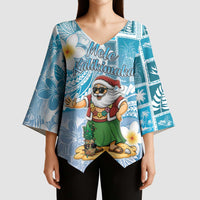 Hawaii Mele Kalikimaka Kimono Sleeve Blouse Hula Santa Retro Style Blue LT05 - Polynesian Pride