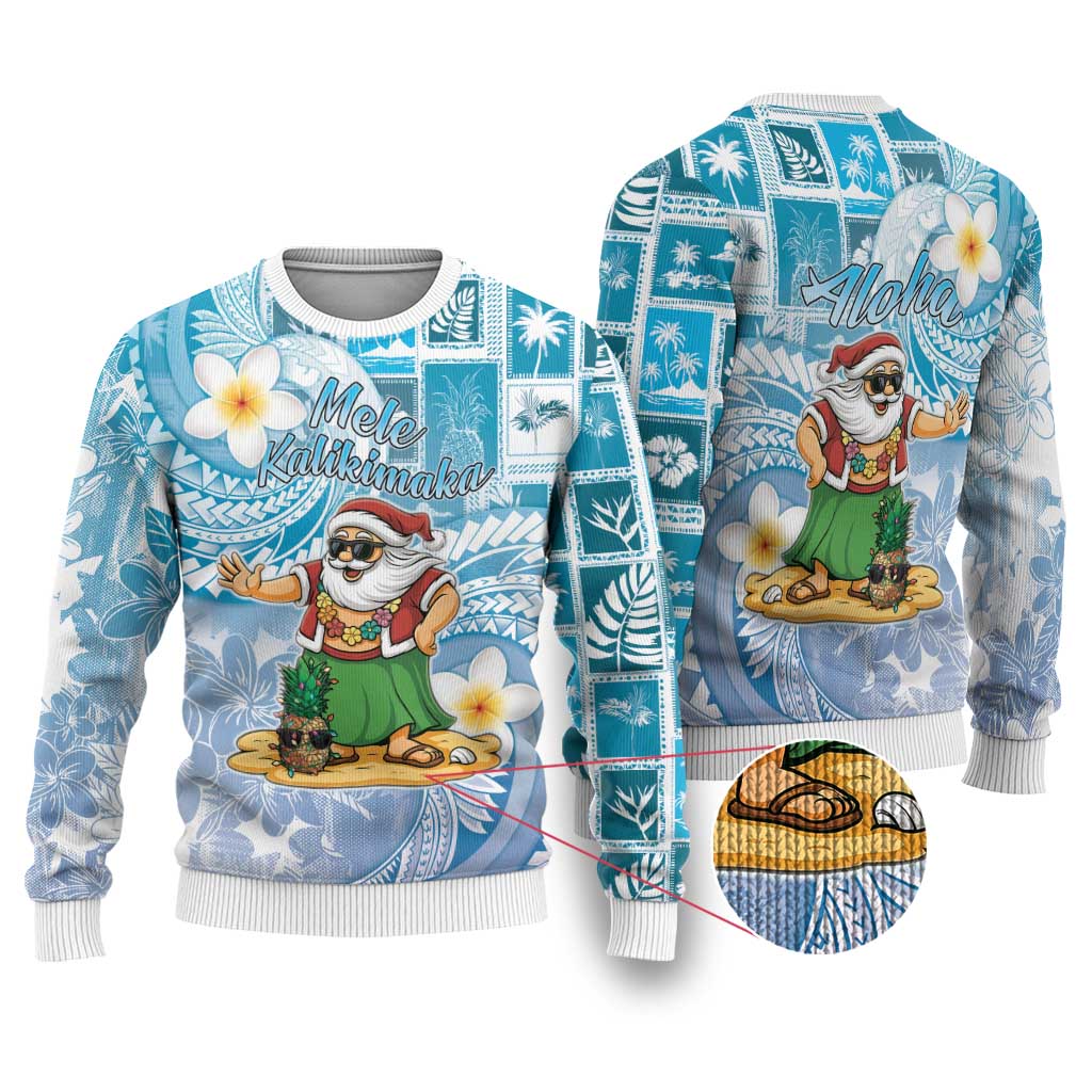Hawaii Mele Kalikimaka Ugly Christmas Sweater Hula Santa Retro Style Blue LT05 Blue - Polynesian Pride