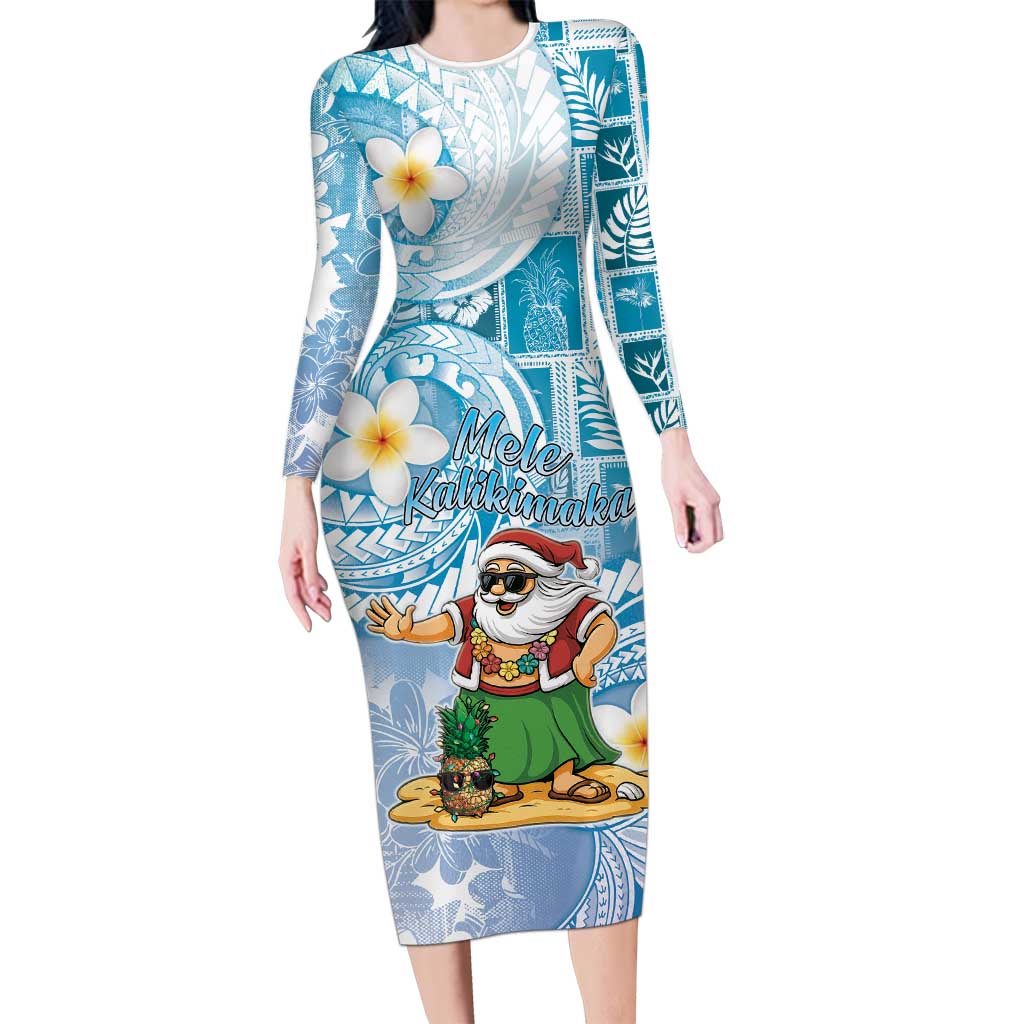 Hawaii Mele Kalikimaka Long Sleeve Bodycon Dress Hula Santa Retro Style Blue LT05 Long Dress Blue - Polynesian Pride