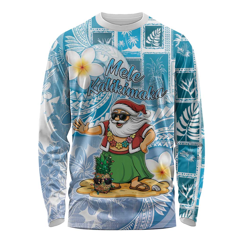 Hawaii Mele Kalikimaka Long Sleeve Shirt Hula Santa Retro Style Blue LT05 Unisex Blue - Polynesian Pride