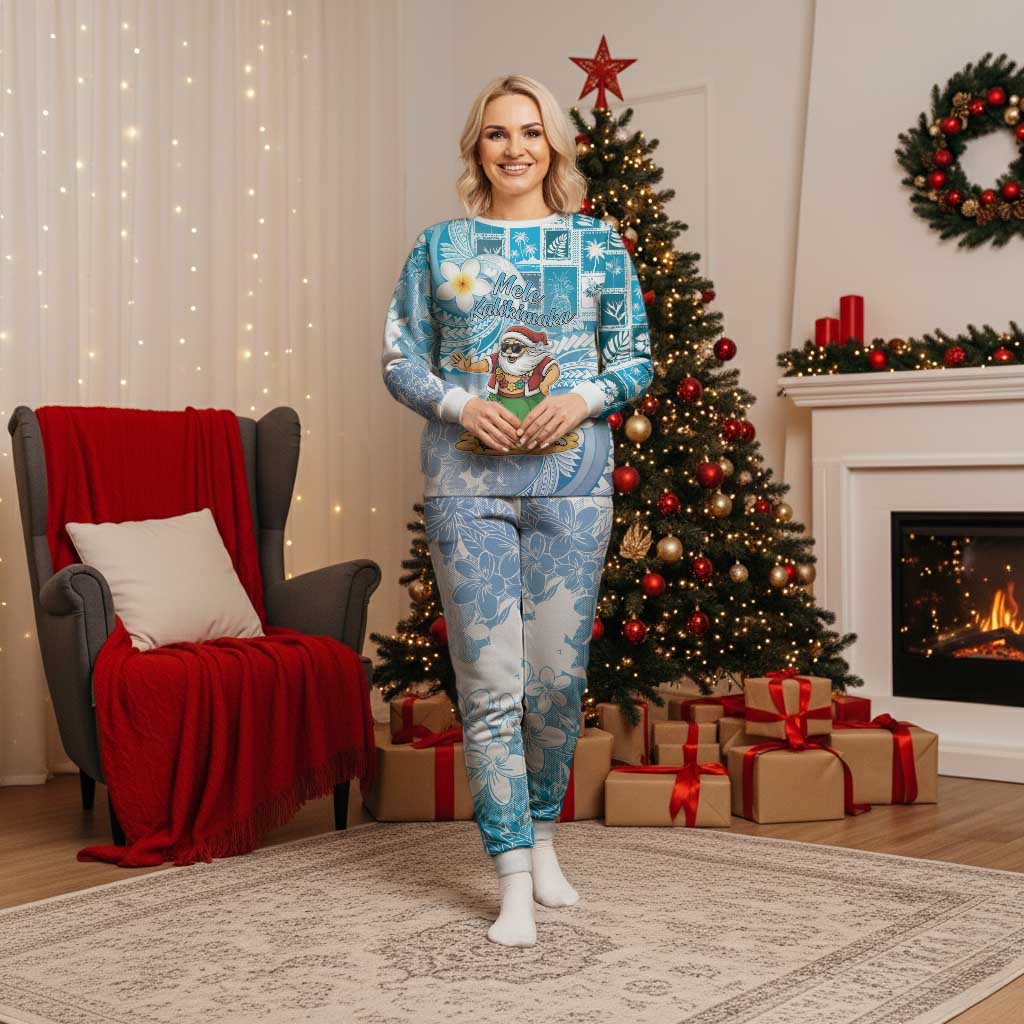 Hawaii Mele Kalikimaka Christmas Pajama Set Hula Santa Retro Style Blue LT05 Women Blue - Polynesian Pride