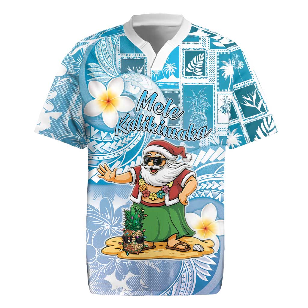Hawaii Mele Kalikimaka Rugby Jersey Hula Santa Retro Style Blue LT05 Blue - Polynesian Pride