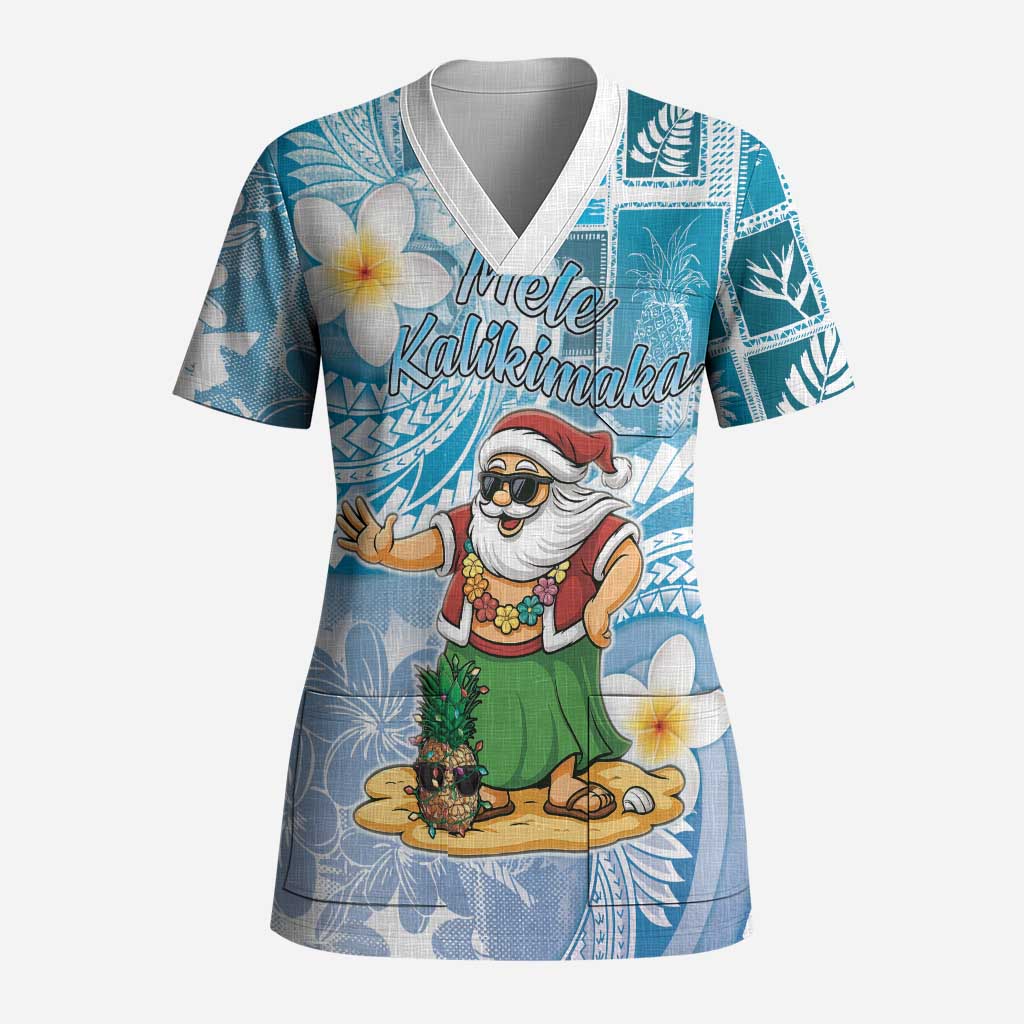 Hawaii Mele Kalikimaka Scrub Top Hula Santa Retro Style Blue LT05 Adult Blue - Polynesian Pride