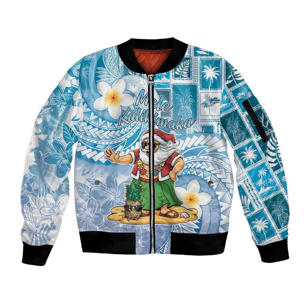 Hawaii Mele Kalikimaka Sleeve Zip Bomber Jacket Hula Santa Retro Style Blue LT05 Unisex Blue - Polynesian Pride