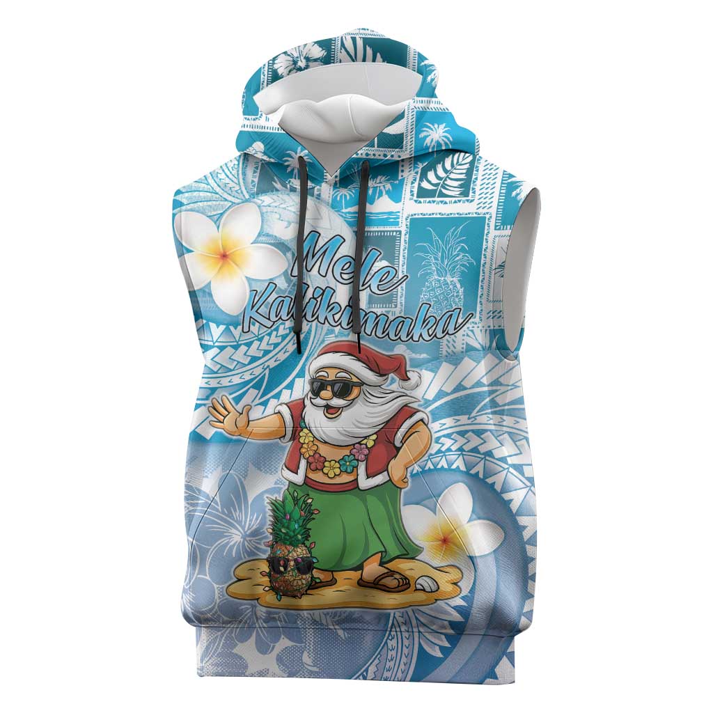 Hawaii Mele Kalikimaka Sleeveless Hoodie Hula Santa Retro Style Blue LT05 Blue - Polynesian Pride