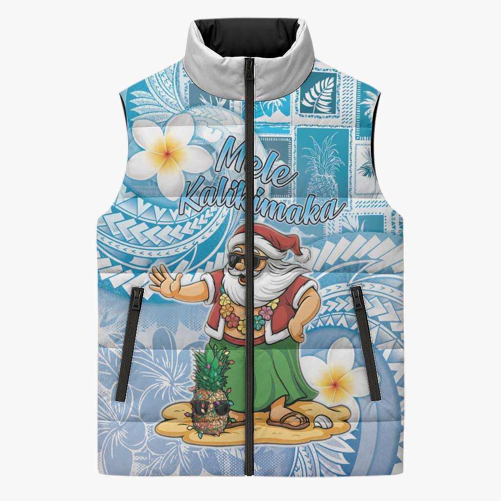 Hawaii Mele Kalikimaka Sleeveless Puffer Jacket Hula Santa Retro Style Blue LT05 Unisex Blue - Polynesian Pride