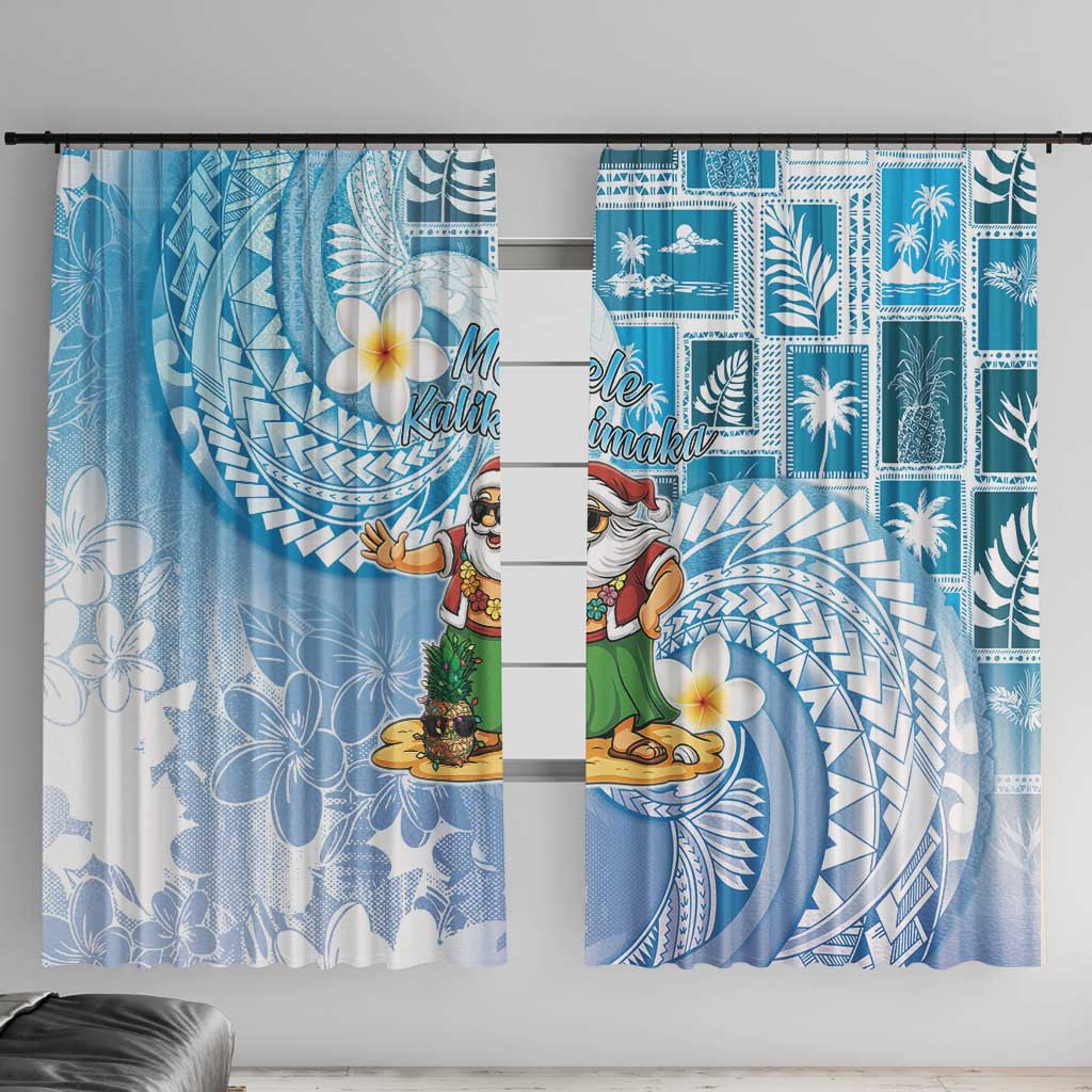 Hawaii Mele Kalikimaka Window Curtain Hula Santa Retro Style Blue LT05 With Hooks Blue - Polynesian Pride