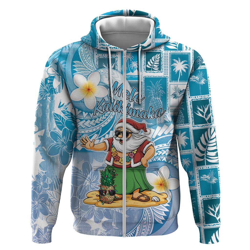 Hawaii Mele Kalikimaka Zip Hoodie Hula Santa Retro Style Blue LT05 Zip Hoodie Blue - Polynesian Pride