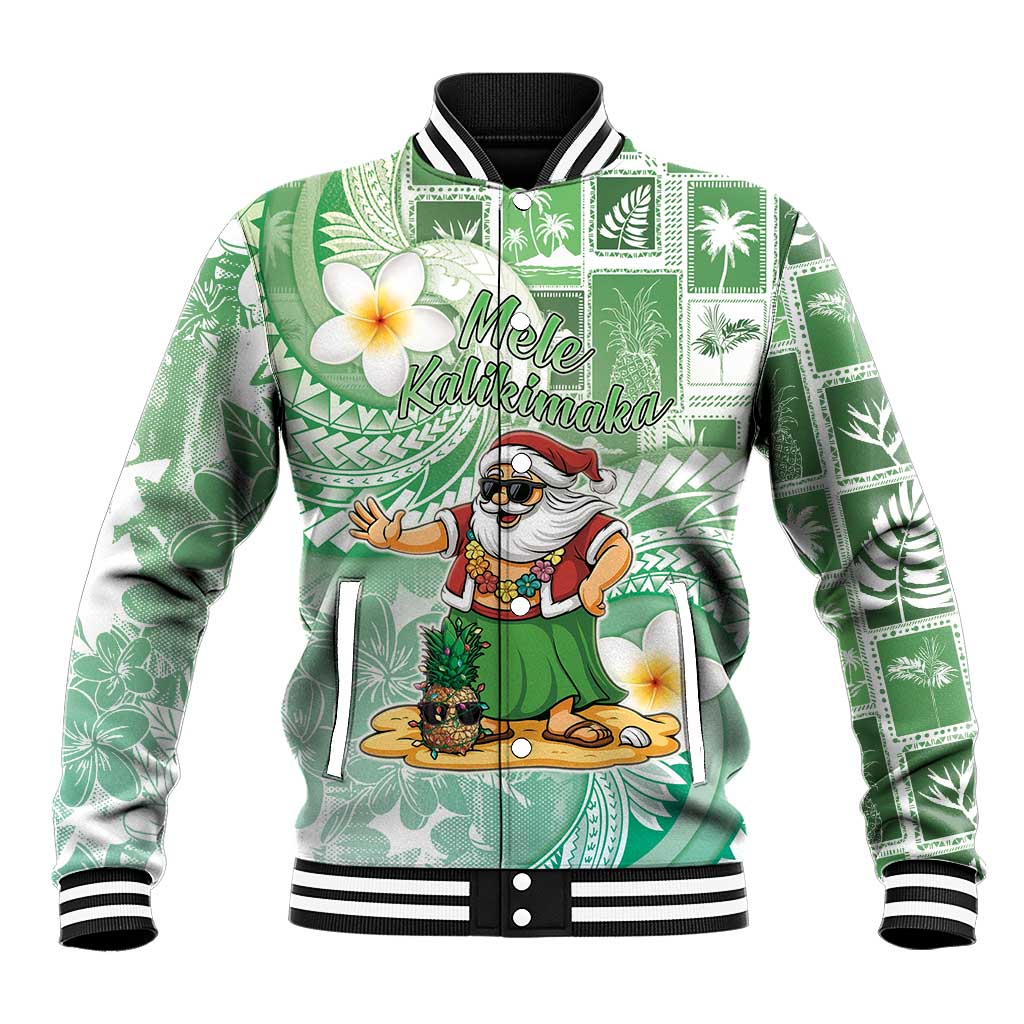 Hawaii Mele Kalikimaka Baseball Jacket Hula Santa Retro Style Green LT05 Unisex Green - Polynesian Pride
