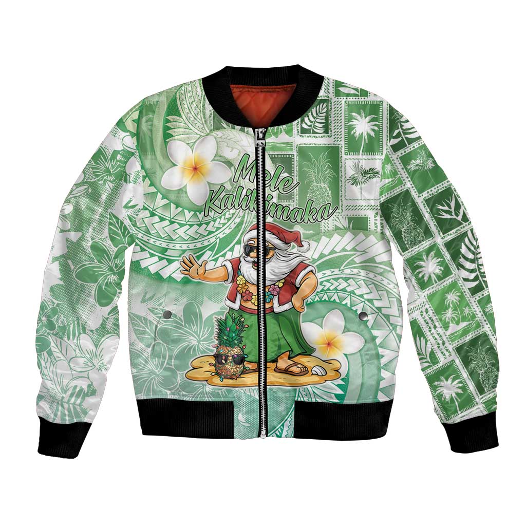 Hawaii Mele Kalikimaka Bomber Jacket Hula Santa Retro Style Green LT05 Unisex Green - Polynesian Pride