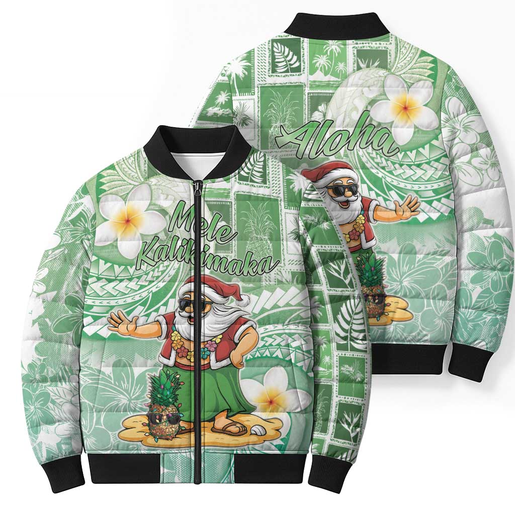 Hawaii Mele Kalikimaka Bomber Puffer Jacket Hula Santa Retro Style Green LT05 - Polynesian Pride