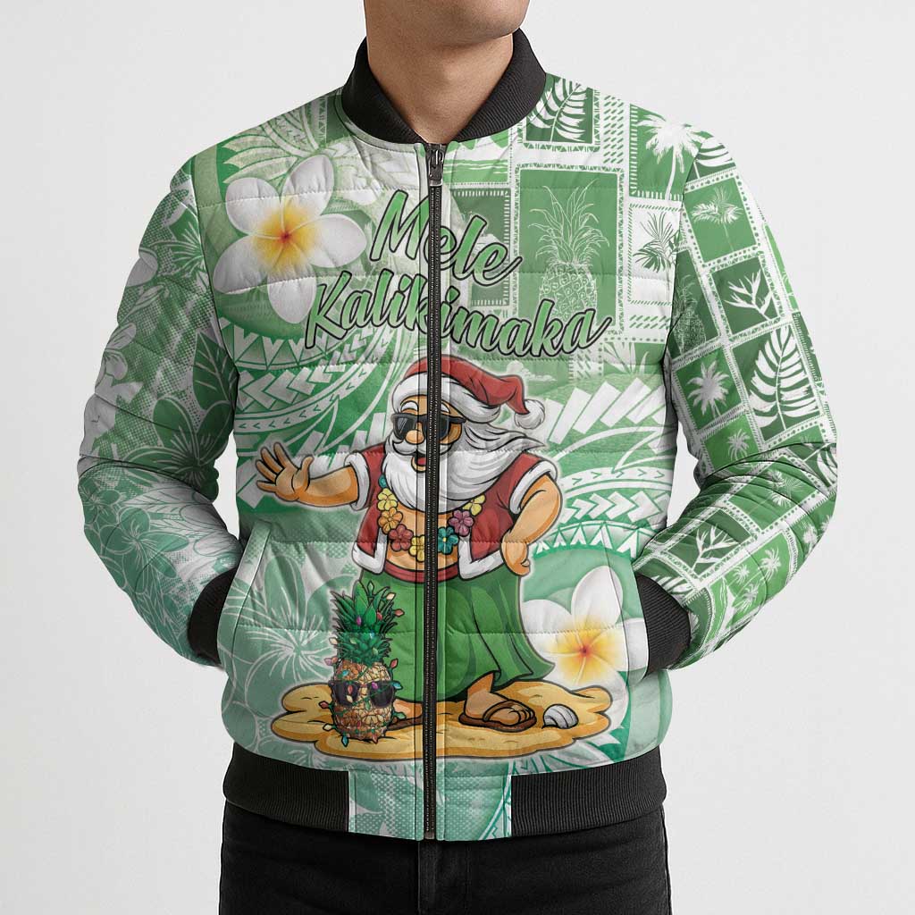 Hawaii Mele Kalikimaka Bomber Puffer Jacket Hula Santa Retro Style Green LT05 - Polynesian Pride