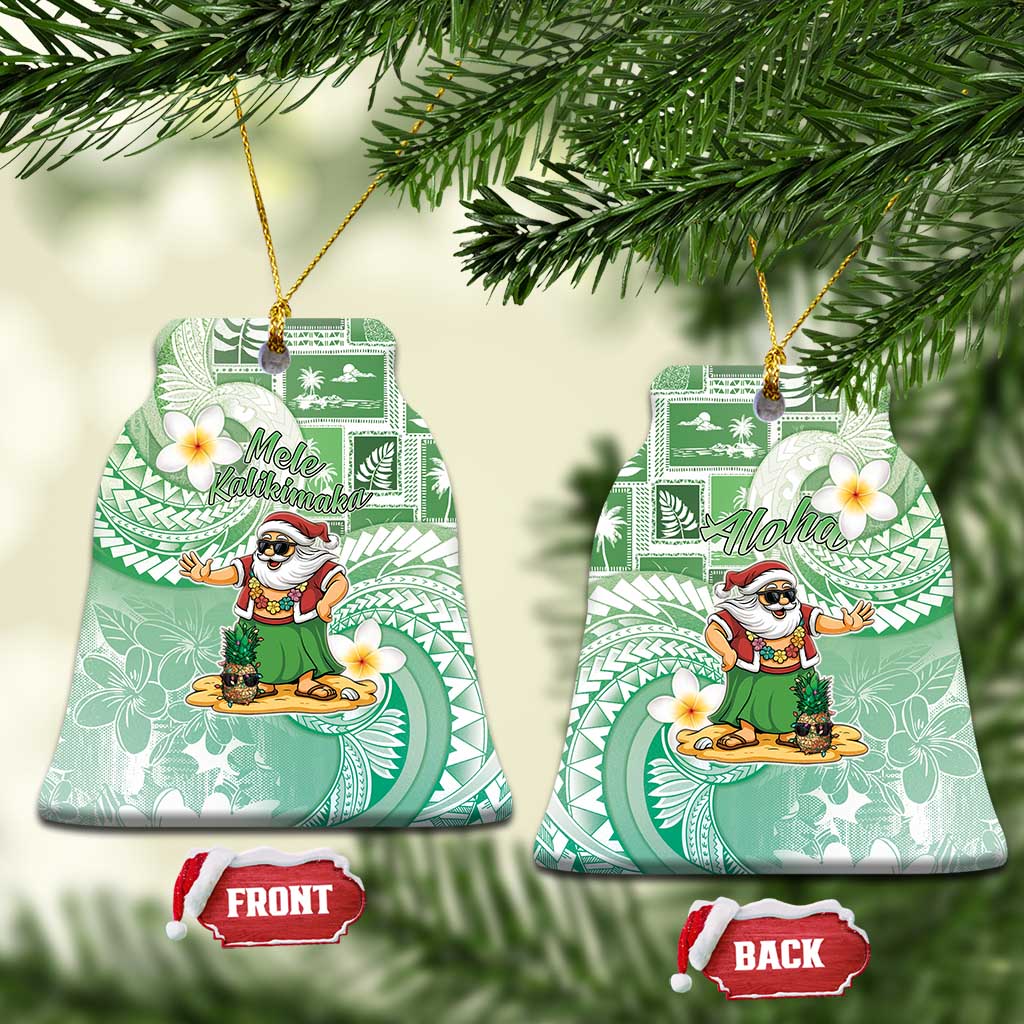 Hawaii Mele Kalikimaka Ceramic Ornament Hula Santa Retro Style Green LT05 Bell Flake Green - Polynesian Pride