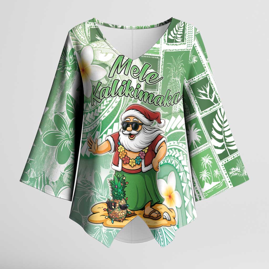 Hawaii Mele Kalikimaka Kimono Sleeve Blouse Hula Santa Retro Style Green LT05 Female Green - Polynesian Pride