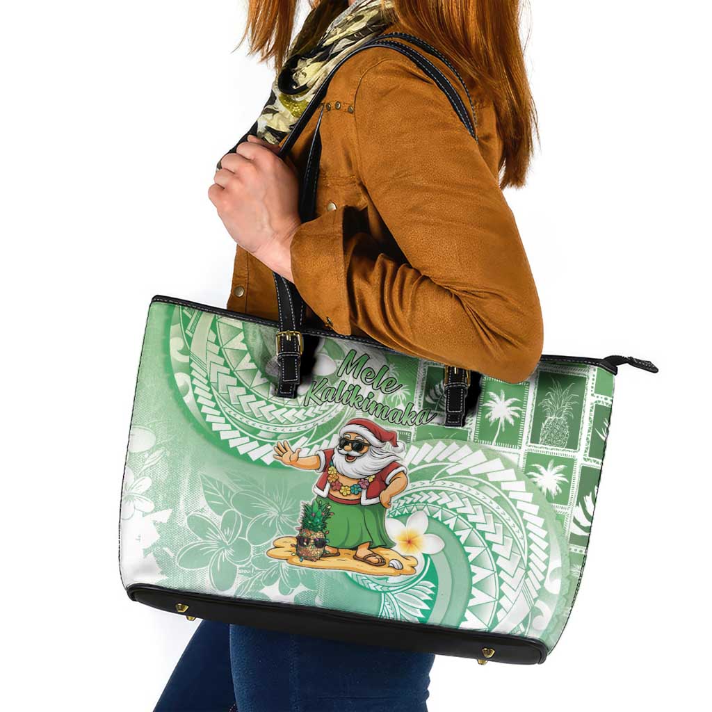 Hawaii Mele Kalikimaka Leather Tote Bag Hula Santa Retro Style Green LT05 Green - Polynesian Pride