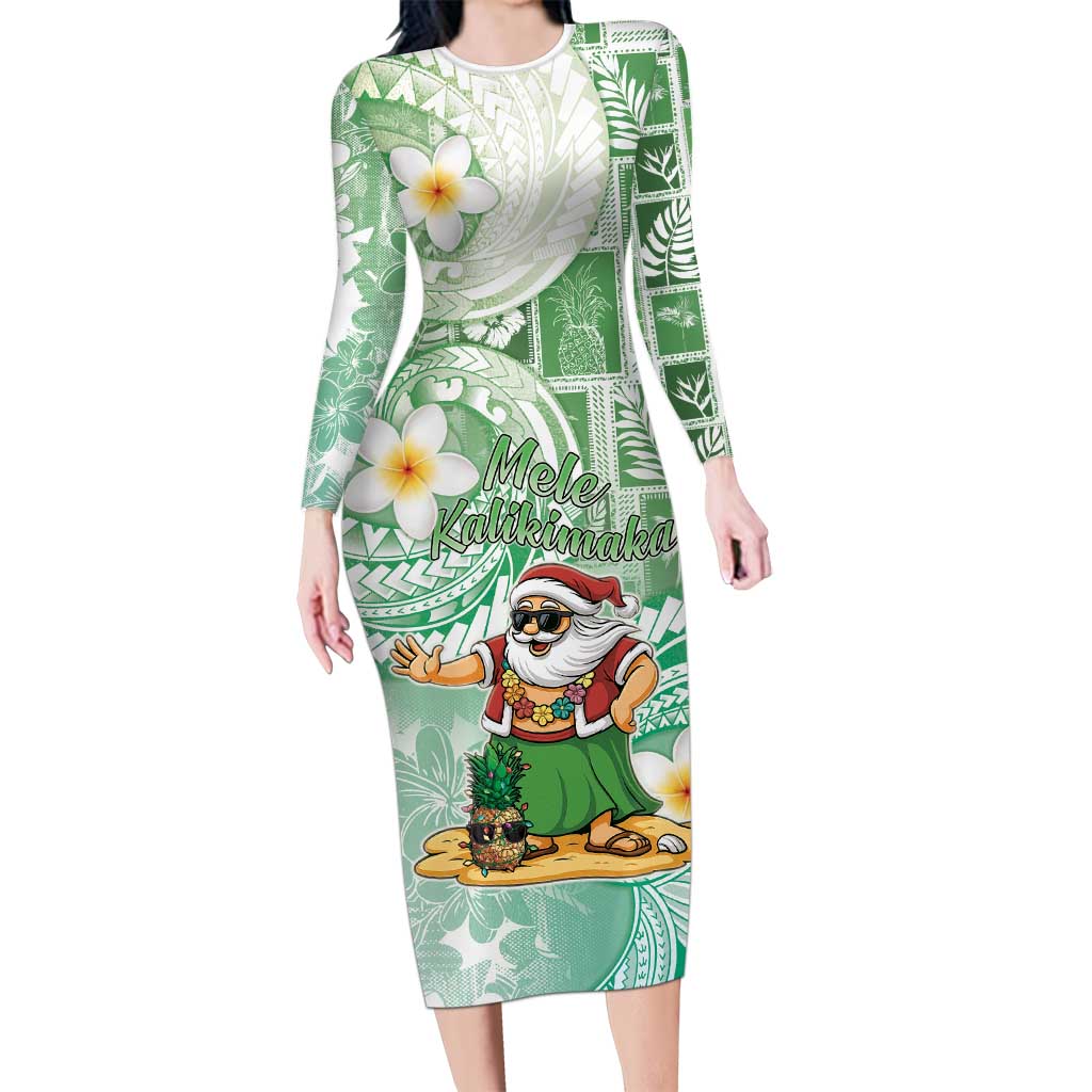 Hawaii Mele Kalikimaka Long Sleeve Bodycon Dress Hula Santa Retro Style Green LT05 Long Dress Green - Polynesian Pride