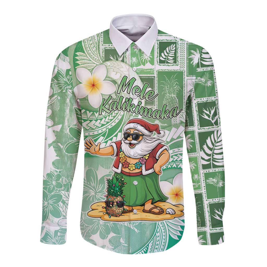 Hawaii Mele Kalikimaka Long Sleeve Button Shirt Hula Santa Retro Style Green LT05 Unisex Green - Polynesian Pride