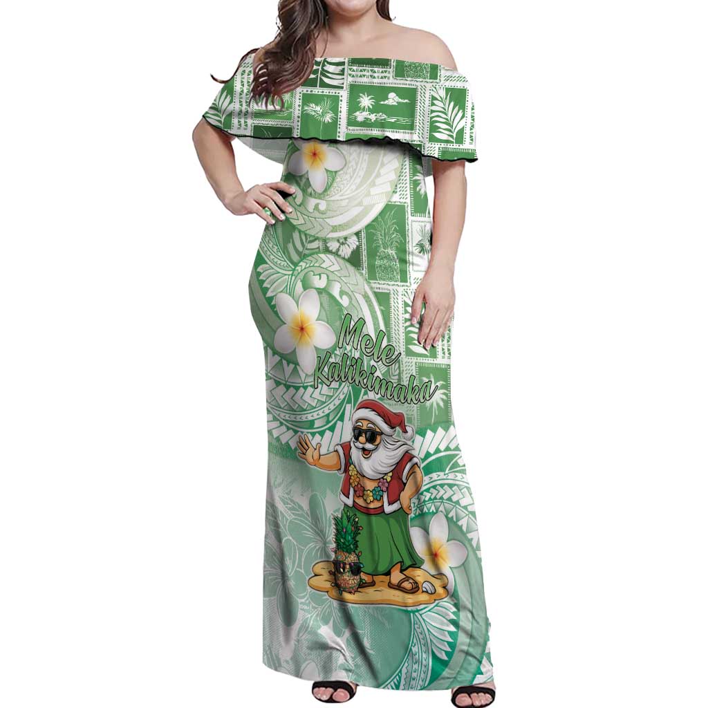 Hawaii Mele Kalikimaka Off Shoulder Maxi Dress Hula Santa Retro Style Green LT05 Women Green - Polynesian Pride