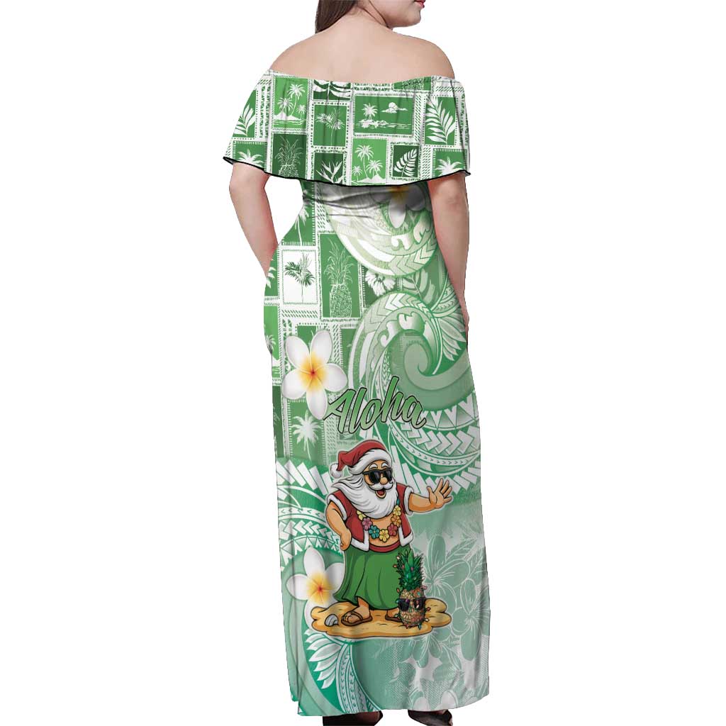 Hawaii Mele Kalikimaka Off Shoulder Maxi Dress Hula Santa Retro Style Green LT05 - Polynesian Pride