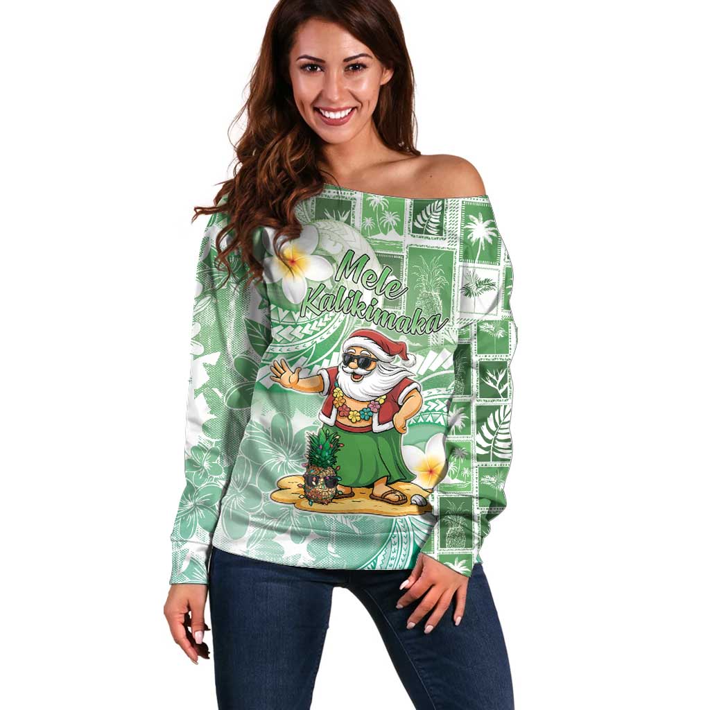 Hawaii Mele Kalikimaka Off Shoulder Sweater Hula Santa Retro Style Green LT05 Women Green - Polynesian Pride