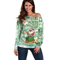 Hawaii Mele Kalikimaka Off Shoulder Sweater Hula Santa Retro Style Green LT05 Women Green - Polynesian Pride