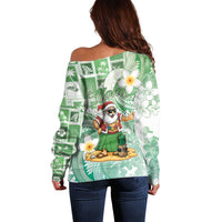 Hawaii Mele Kalikimaka Off Shoulder Sweater Hula Santa Retro Style Green LT05 - Polynesian Pride
