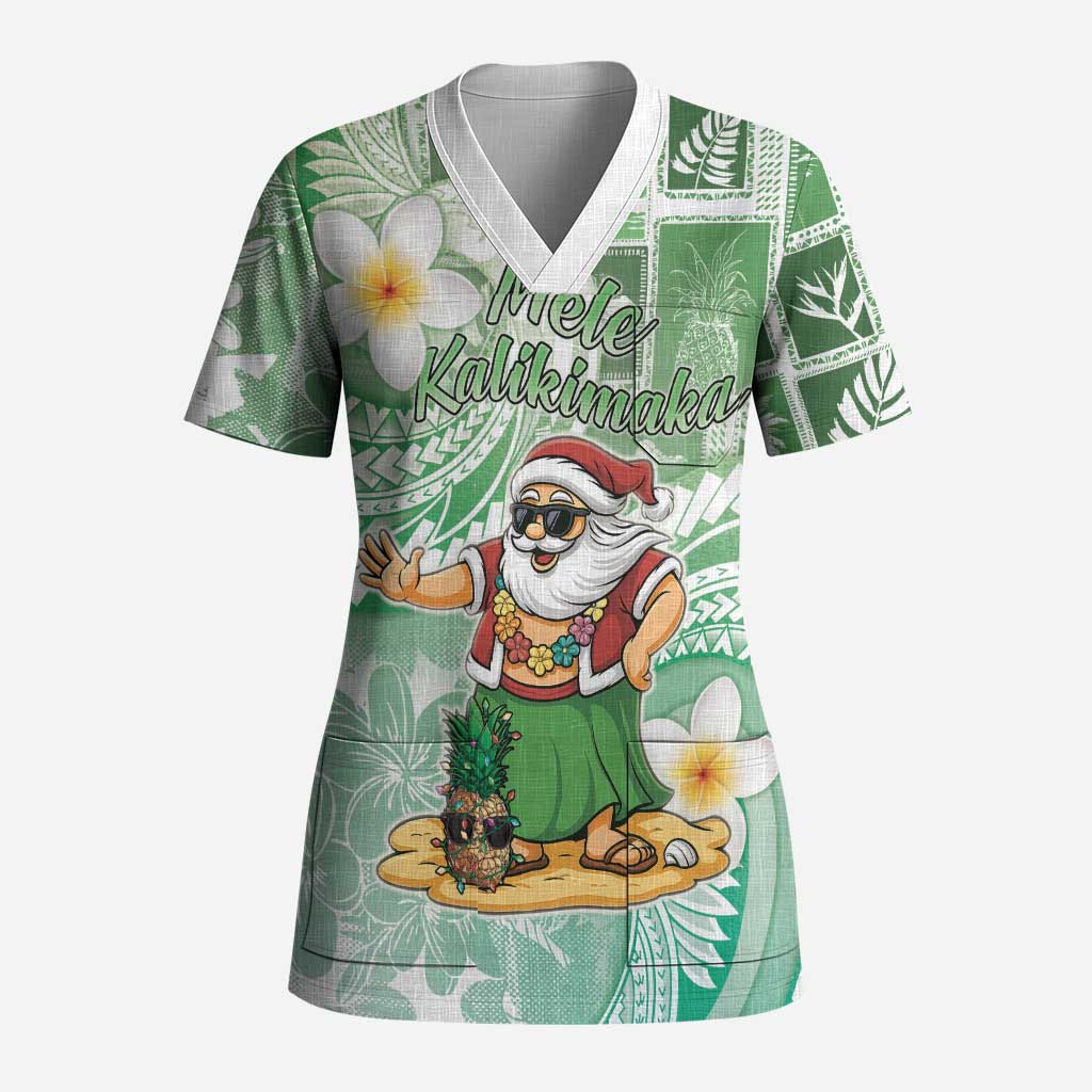 Hawaii Mele Kalikimaka Scrub Top Hula Santa Retro Style Green LT05 Adult Green - Polynesian Pride