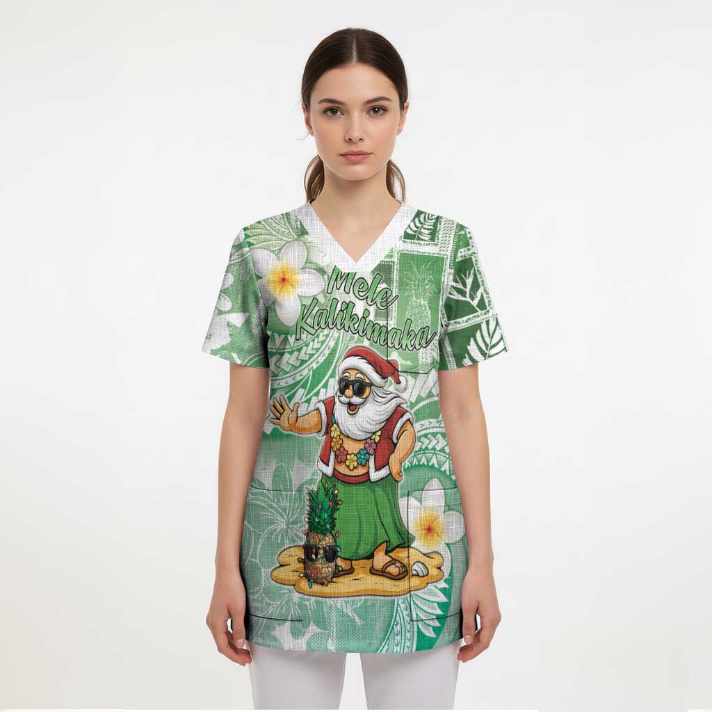 Hawaii Mele Kalikimaka Scrub Top Hula Santa Retro Style Green LT05 - Polynesian Pride