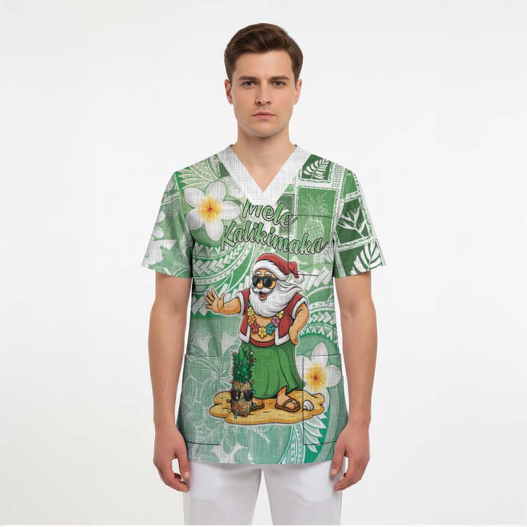 Hawaii Mele Kalikimaka Scrub Top Hula Santa Retro Style Green LT05 - Polynesian Pride