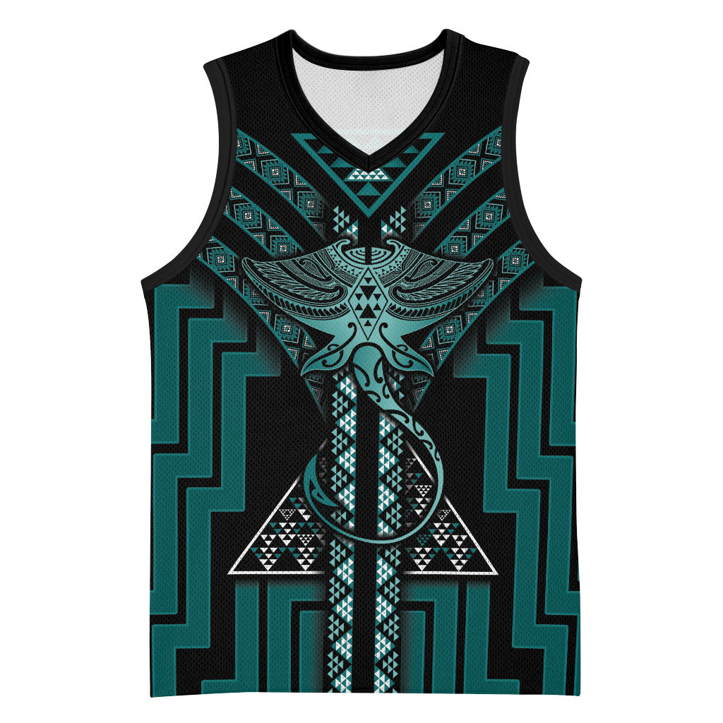 New Zealand Manta Ray Basketball Jersey Maori Tukutuku Taniko Motifs Teal