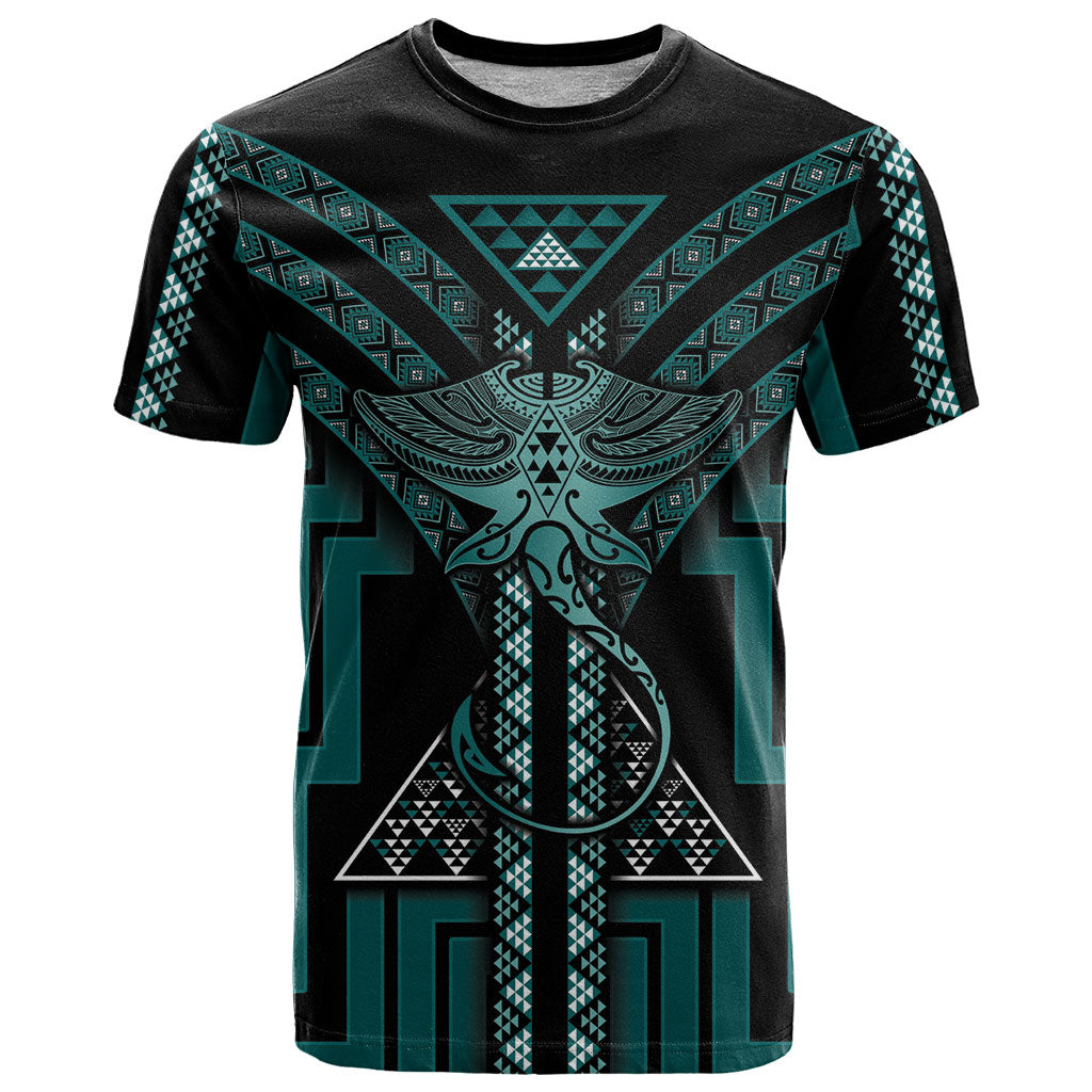 New Zealand Manta Ray T Shirt Maori Tukutuku Taniko Motifs Teal
