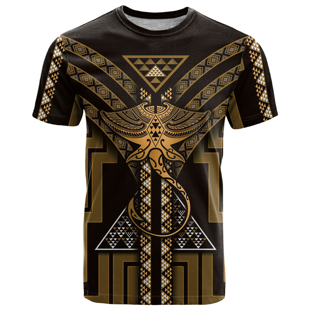 New Zealand Manta Ray T Shirt Maori Tukutuku Taniko Motifs Gold
