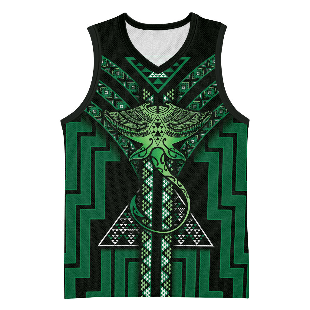 New Zealand Manta Ray Basketball Jersey Maori Tukutuku Taniko Motifs Green