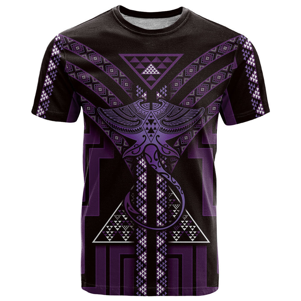 New Zealand Manta Ray T Shirt Maori Tukutuku Taniko Motifs Purple