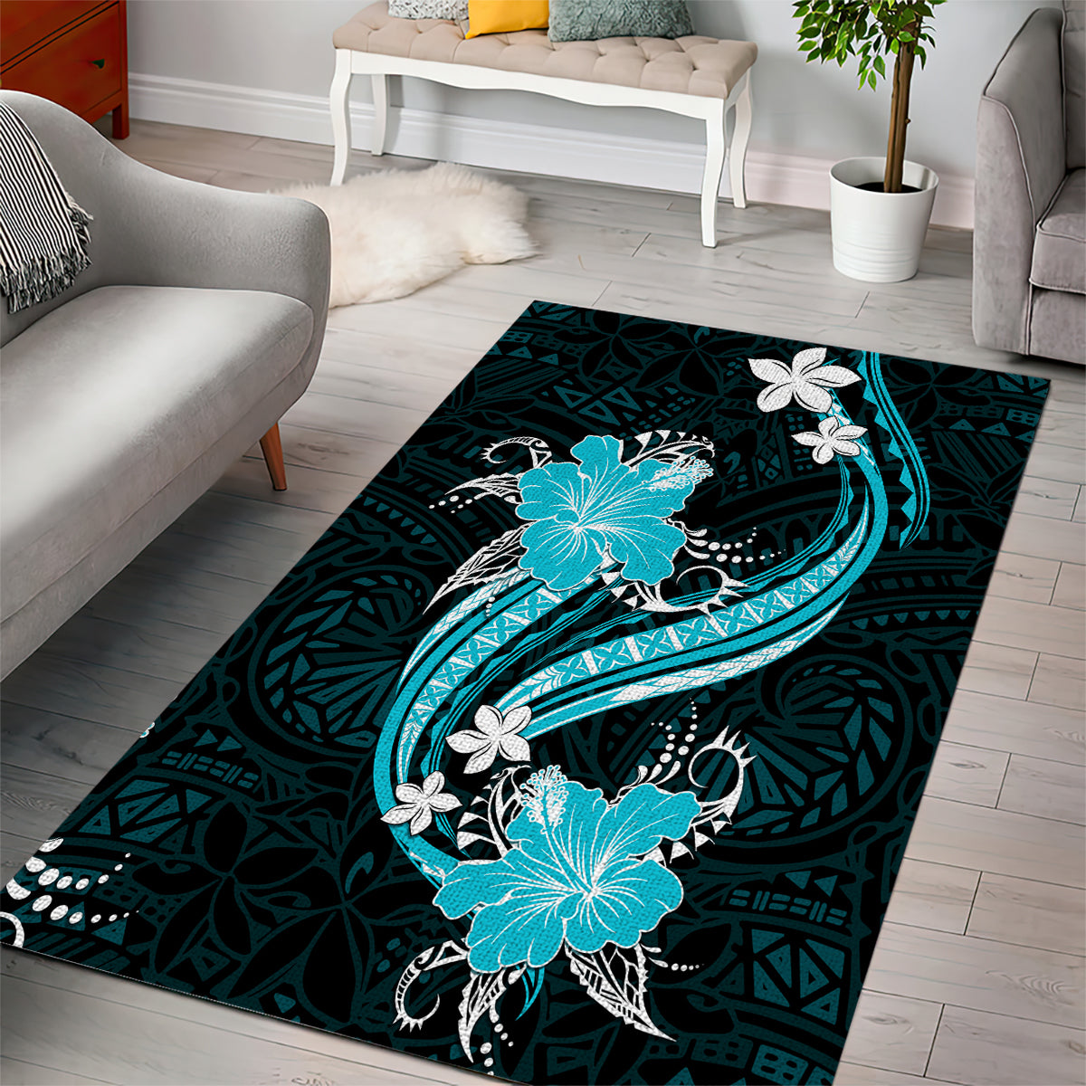 Aqua Polynesian Pattern With Tropical Flowers Area Rug LT05 - Polynesian Pride
