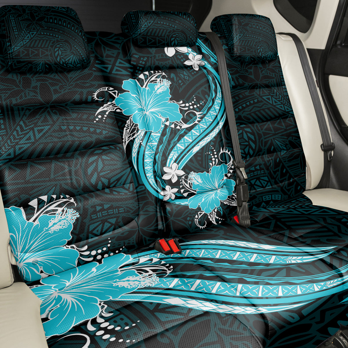 Aqua Polynesian Pattern With Tropical Flowers Back Car Seat Cover LT05 - Polynesian Pride