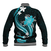 Aqua Polynesian Pattern With Tropical Flowers Baseball Jacket LT05 - Polynesian Pride
